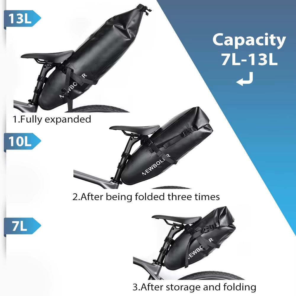 Waterproof 13L Large Capacity Bicycle Saddle Bag - Foldable Tail Bag for Mountain and Road Bikes