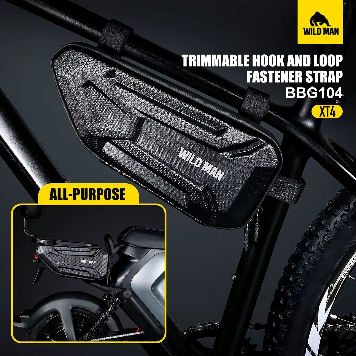 XT4 Bicycle Triangle Frame Bag - EVA Hard Shell Zippered Storage Pouch with Mesh and Three Hook Loop Straps for MTB and Road Cycling