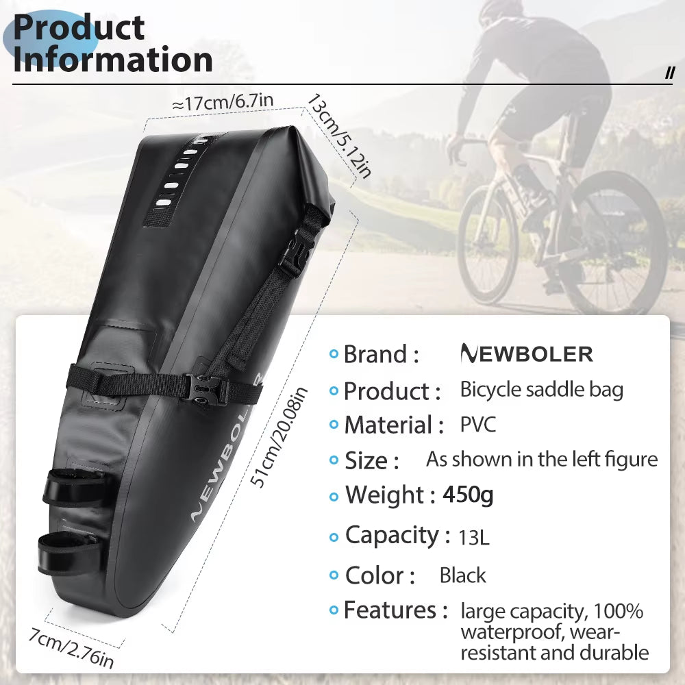 Waterproof 13L Large Capacity Bicycle Saddle Bag - Foldable Tail Bag for Mountain and Road Bikes
