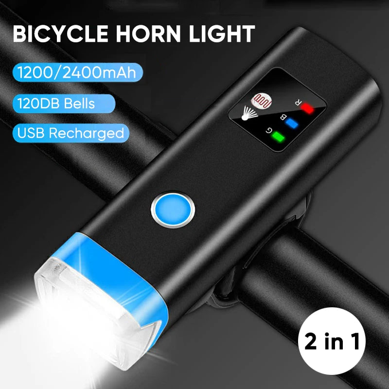 2400mAh Bicycle Headlight and Horn - 2-in-1 USB Rechargeable Front Lamp for Road and MTB Cycling