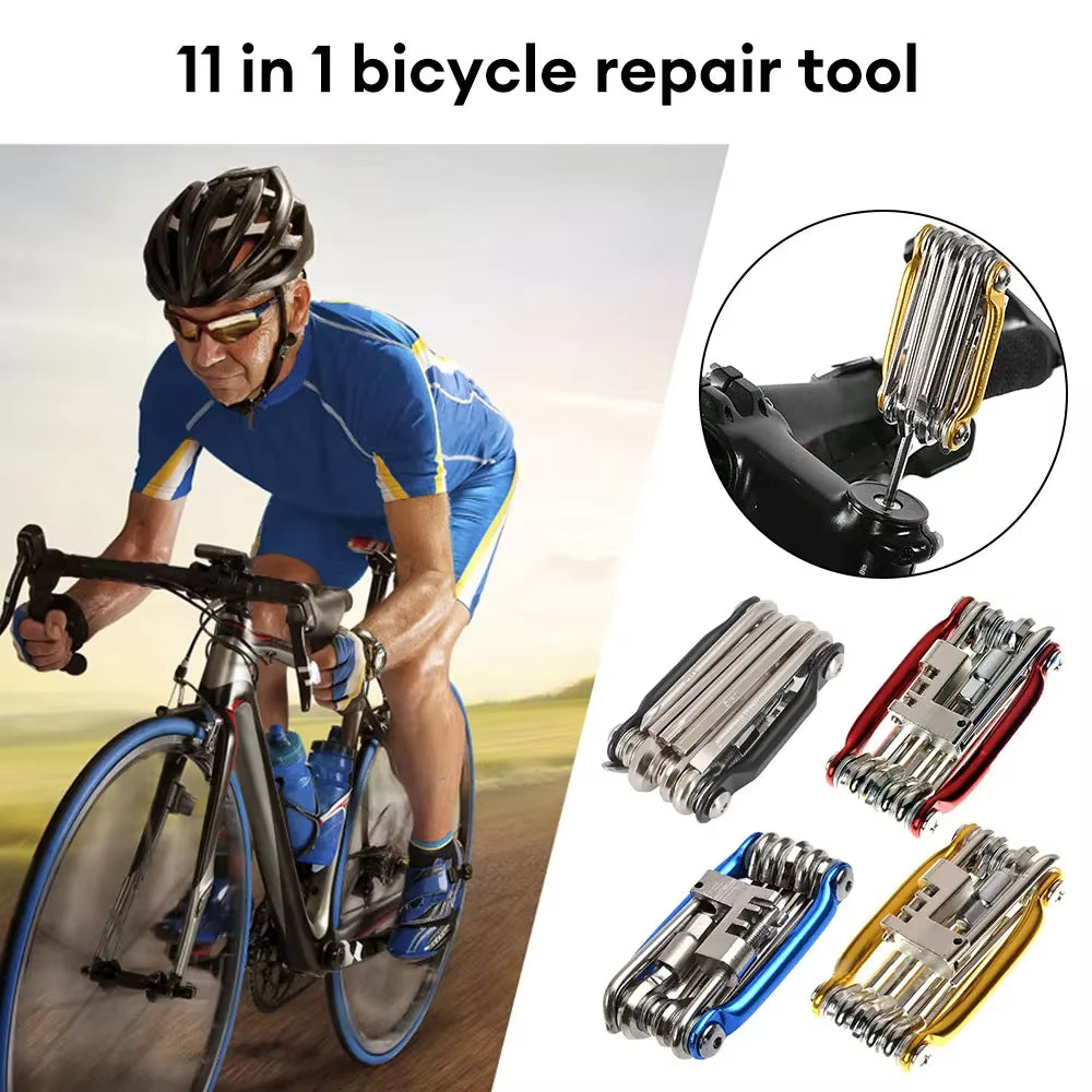 11-in-1 Multifunctional Bicycle Repair Tool Kit with Wrench, Screwdriver, Chain Tool, Hex Key, and Spoke Wrench for Mountain Cycling