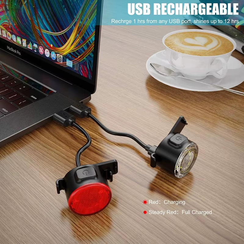LED Bicycle Front and Rear Light Set - Waterproof USB Rechargeable Flashlights for Enhanced Cycling Safety
