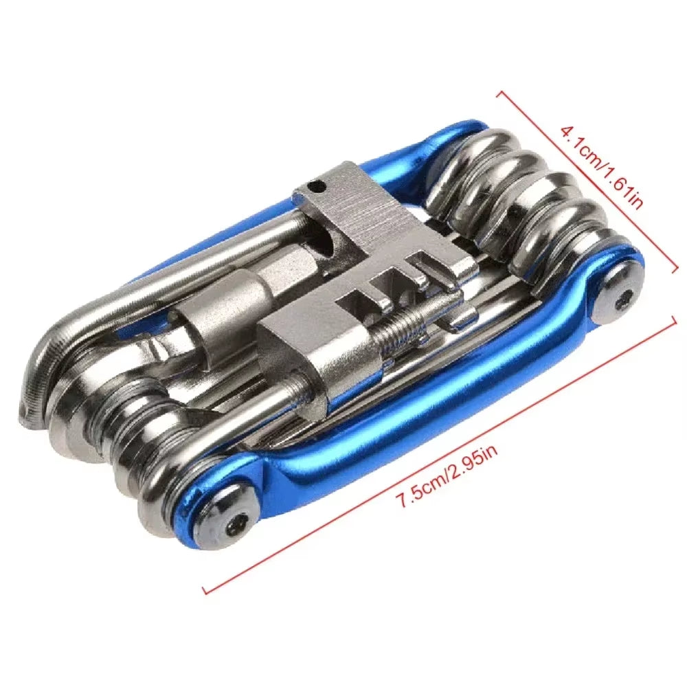 11-in-1 Multifunctional Bicycle Repair Tool Kit with Wrench, Screwdriver, Chain Tool, Hex Key, and Spoke Wrench for Mountain Cycling