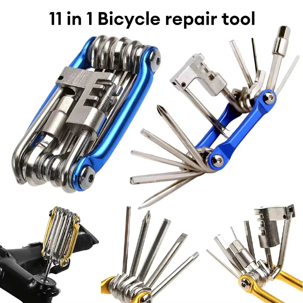 11-in-1 Multifunctional Bicycle Repair Tool Kit with Wrench, Screwdriver, Chain Tool, Hex Key, and Spoke Wrench for Mountain Cycling
