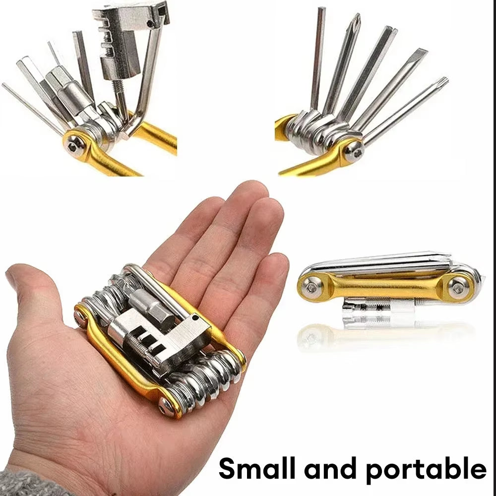 11-in-1 Multifunctional Bicycle Repair Tool Kit with Wrench, Screwdriver, Chain Tool, Hex Key, and Spoke Wrench for Mountain Cycling