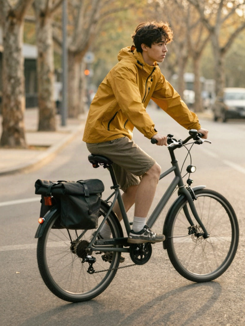 Cyclist in a yellow jacket riding a city bike with a black pannier at golden hour